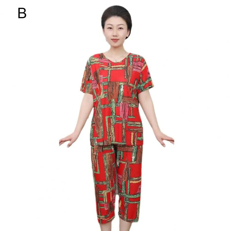 Conjunto de camiseta de cuello redondo de estilo étnico para mujer, Top estampado, pantalones cortos, atuendo deportivo informal, 2 unids/set