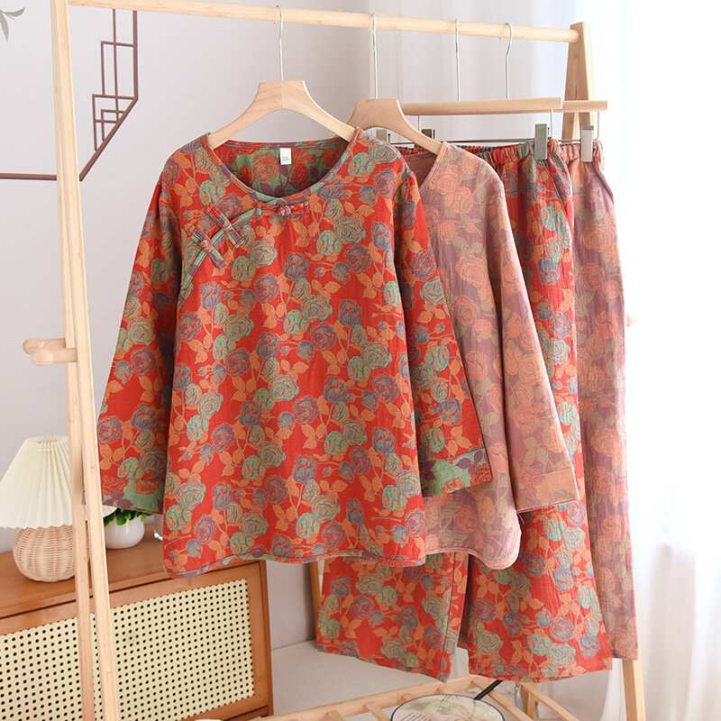 Pyjama en coton à manches longues pour femmes, ensemble de vêtements de nuit floraux, nuisette trempée pour la maison, automne, nouveau, 2024