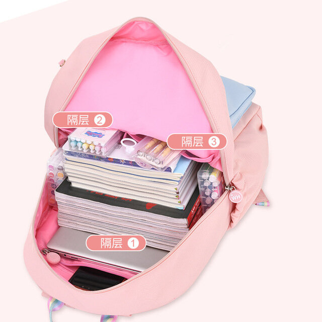 กระเป๋านักเรียน MODE Korea สายกระเป๋าถือสีรุ้งสำหรับวัยรุ่นเด็กผู้หญิงเด็กกระเป๋าแบ็คแพ็คกันน้ำเด็ก