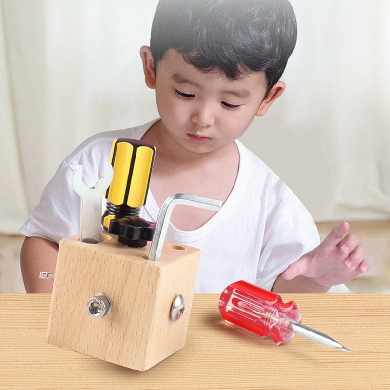 Kids Mini Square Wooden Screw Driver Learn To Twist Screws Nuts Teaching Aids Early Education Toys