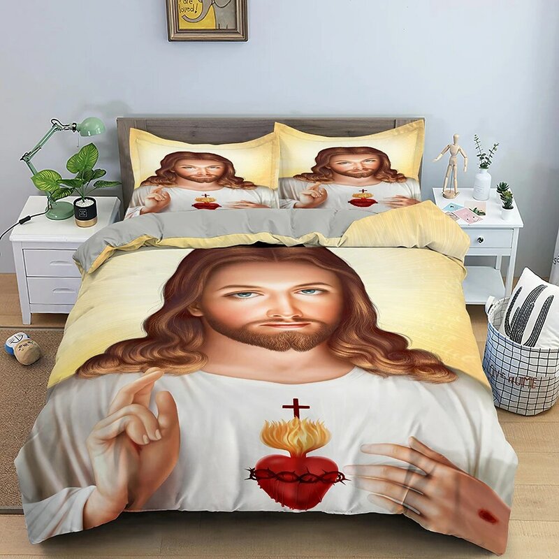 3D Yesus Selimut Penutup Kristen Suci Yesus Set Tempat Tidur Selimut Penutup Cocok untuk Kristen Yesus Seprai Tuhan Memberkati Anda
