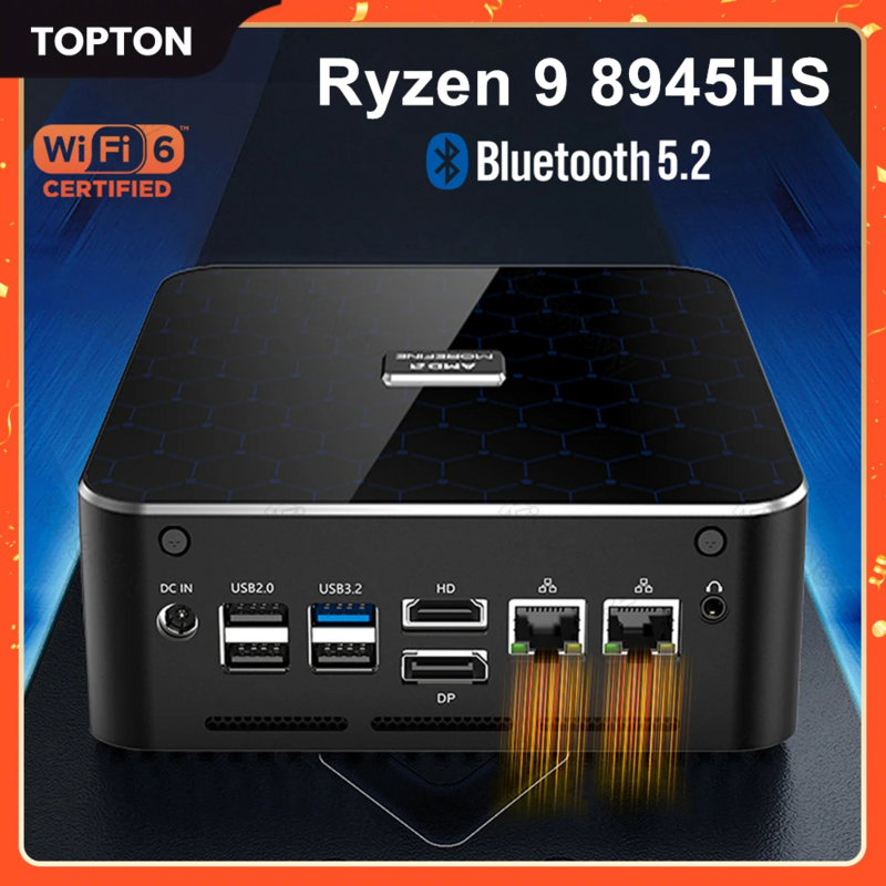 Mini PC AMD Ryzen 9 8945HS (8C/16T, hingga 5.2GHz) komputer mikro HDMI DP USB4(8K @ 60Hz) Radeon 780M faktor bentuk kecil grafis