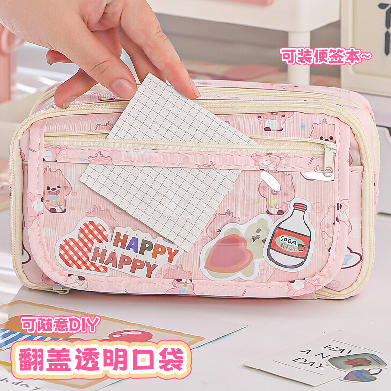 Loppy transparente Stift Tasche große Kapazität niedlichen Anime Briefpapier Tasche Student liefert Aufbewahrung sbox rosa bedruckte Tasche