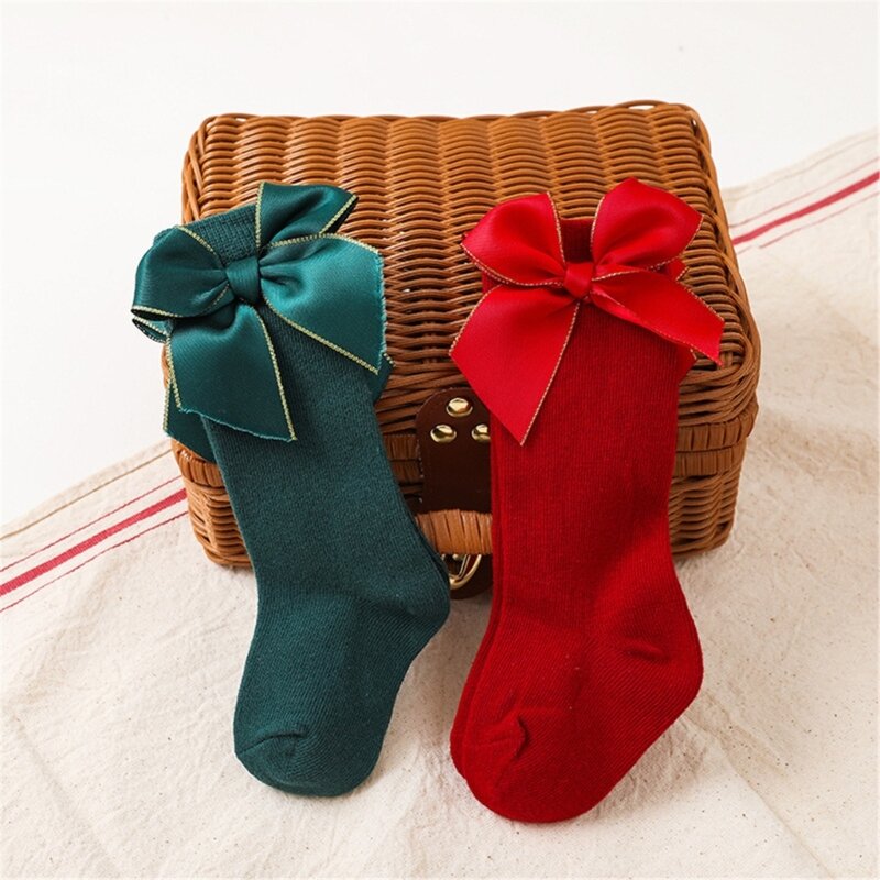 2 Pair Classical Knee Long Socks Christmas Themed Socks with Bowknot Decoration for Baby Girls 2024 New Year Gift