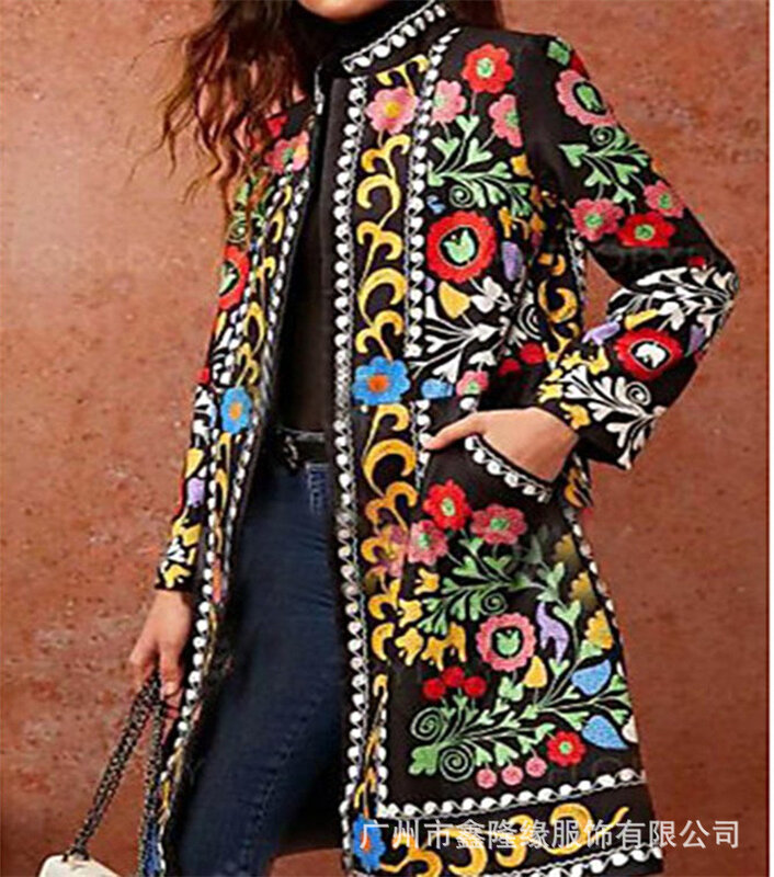 Blazer kasual motif bunga banyak warna jaket rakyat Indie musim dingin wanita mantel Vintage lengan panjang Blazer kantor wanita ramping pakaian luar