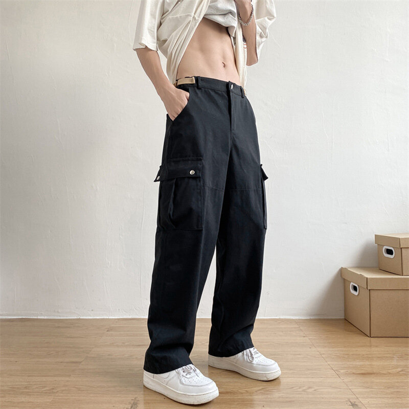 Pantalones Cargo de nueve puntos para hombres, pantalones largos casuales de pierna ancha, sueltos, rectos, Hip-Hop, High Street, americanos, otoño
