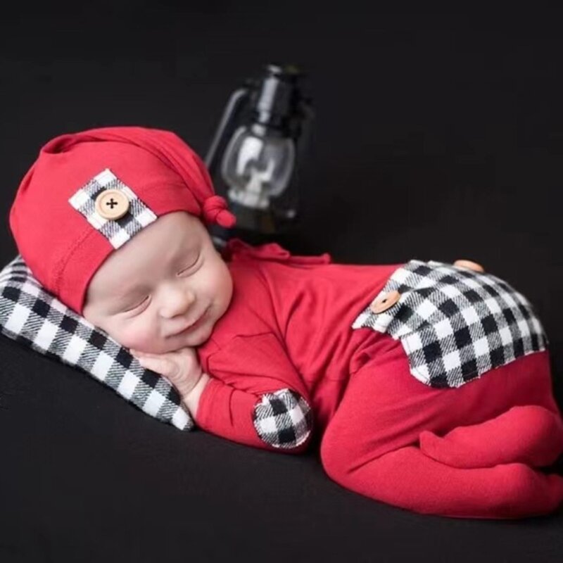 Y1UB Pakaian Foto Bayi Jumpsuit & Topi Ekor Panjang Bantal Pose Kostum Foto Bayi Baru Lahir Aksesori Liburan Bayi