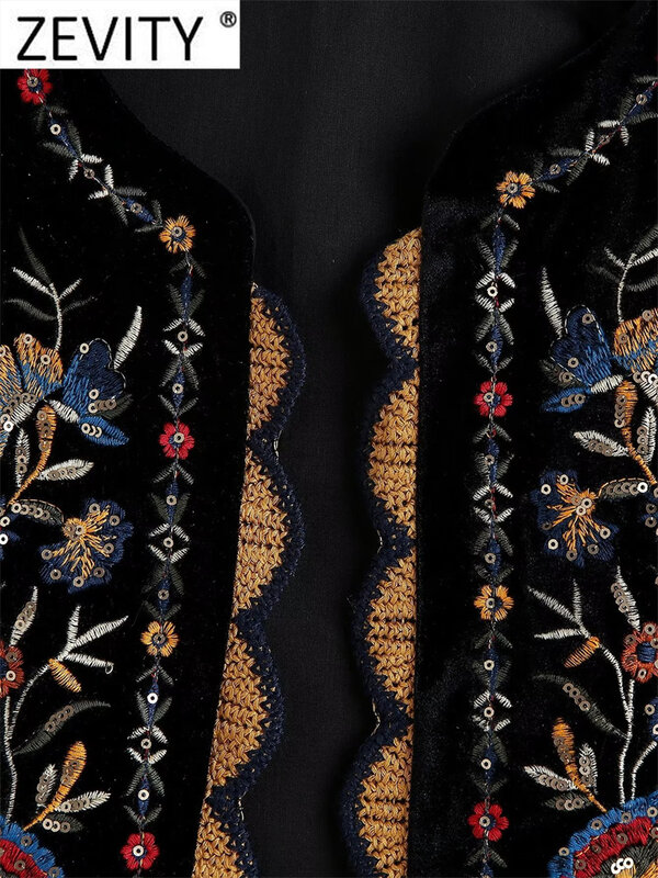 Zevity donna Vintage paillettes fiore ricamo gilet giacca donna stile nazionale Patchwork Casual velluto gilet top CT2978