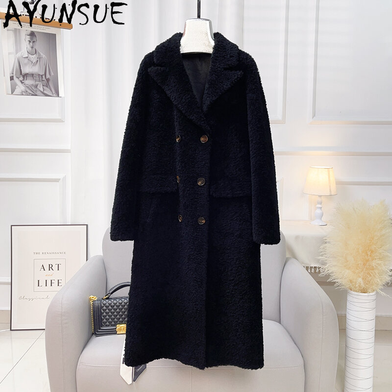 AYUNSUE 100% Sheep Shearing Jacket for Women Winter Autumn Fashion Wool Coat Suit Collar Long Fur Coats Chamarras Para Mujeres