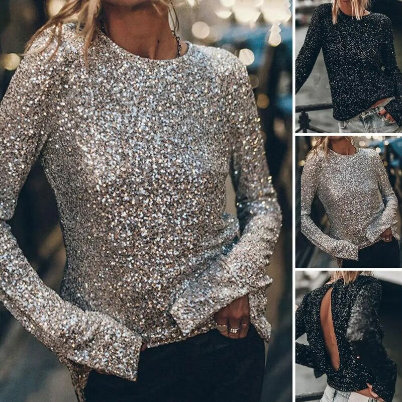 Sequin Embellished Women Top Sequin Long Sleeve Party Club Blouse Women's Round Neck Hollow Out Back Soft Pullover Shiny