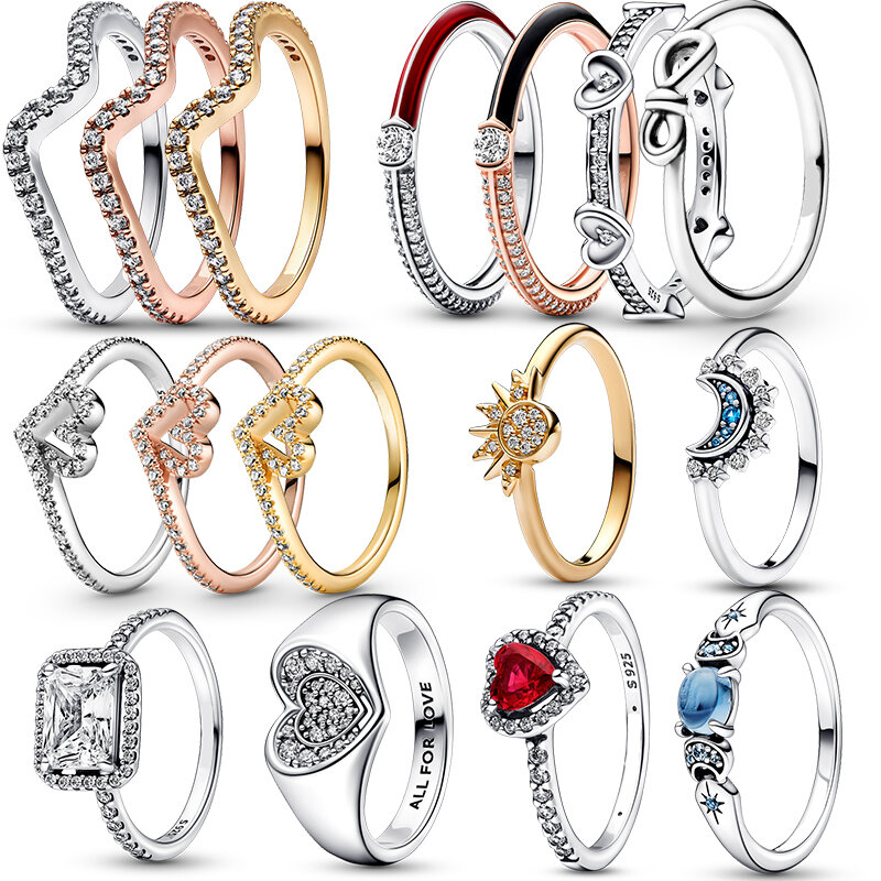 925 Sterling Silver Sparkling Wishbone Heart Celestial Sun Moon Clear Zircon CZ Rings For Women Anniversar Wedding Jewelry