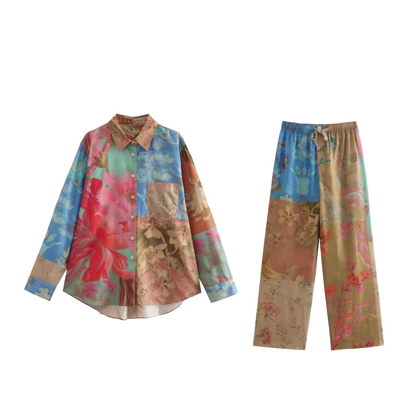 Conjunto de 2 piezas con estampado para mujer, camisa de manga larga, blusa, pantalones largos holgados, ropa de calle para verano y primavera, novedad de 2024
