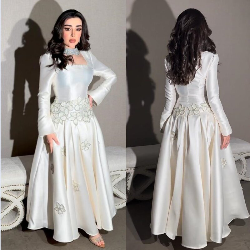 Prom Dress Saudi Arabia Satin Applique Draped  A-line Square Collar Bespoke Occasion Gown Long Sleeve Dresses