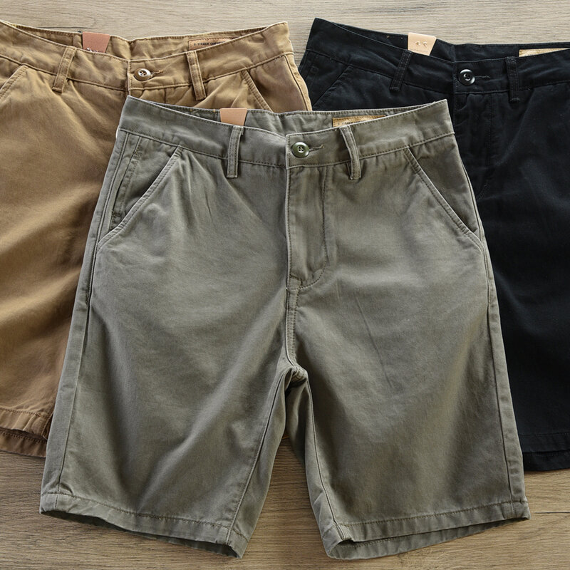 Pantalones cortos de sarga tejida para hombre, Shorts masculinos de estilo americano, 2024 algodón, informales, de cinco puntos, 100%