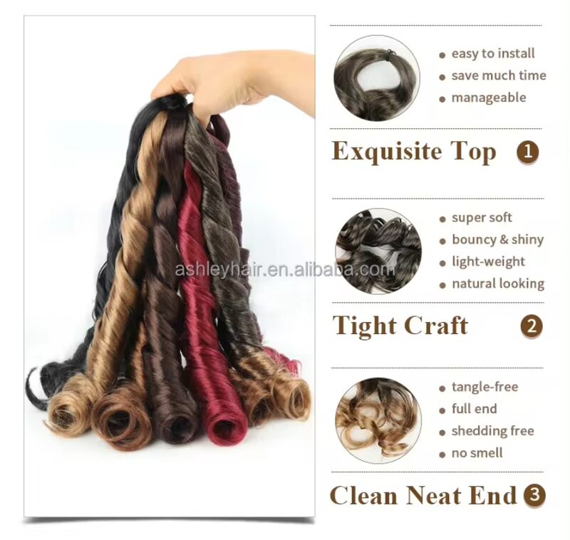 Ekstensi rambut sintetis kepang keriting wanita, ekstensi rambut sintetis kepang renda ikal Spiral gaya poni gelombang tubuh longgar