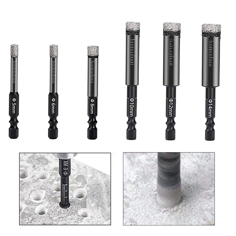 Diamante Dry Drill Bit Hole Saw Cutter, 6mm-12mm Hex Shank, Vacuum Brazed Bit para Granito, Mármore, Alvenaria, Concreto, Perfuração
