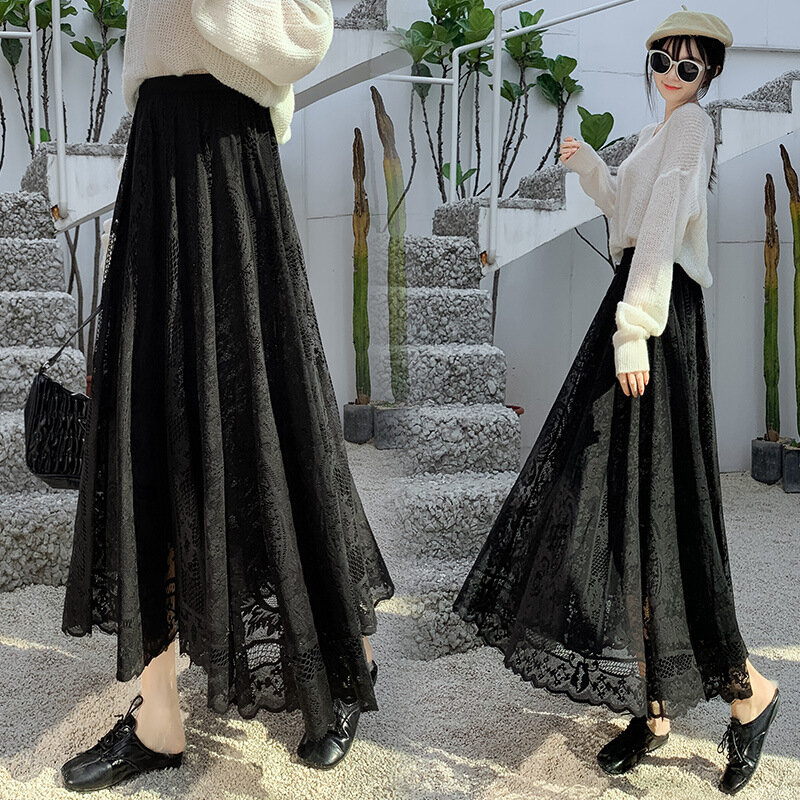 Lace Midi Skirt Woman Solid Color Hollow Out Maxi Long Black Skirts Womens Pleated Korean High Waist Jupe Saias Lining