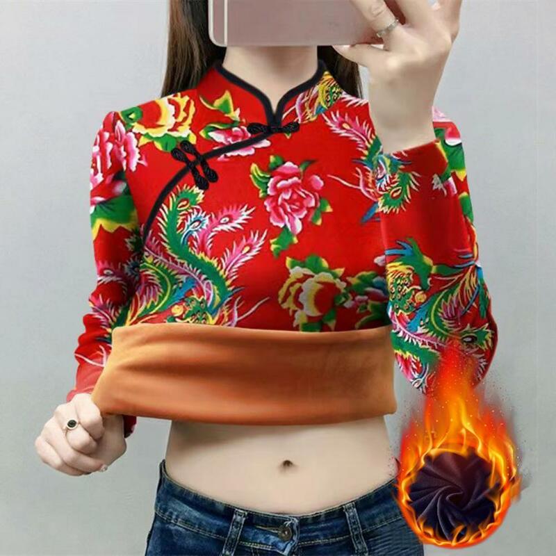 Camiseta de manga larga de lana de estilo chino para mujer, camisa de Base gruesa con cuello Cheongsam, blusa que combina con todo, otoño e invierno, novedad de 2023
