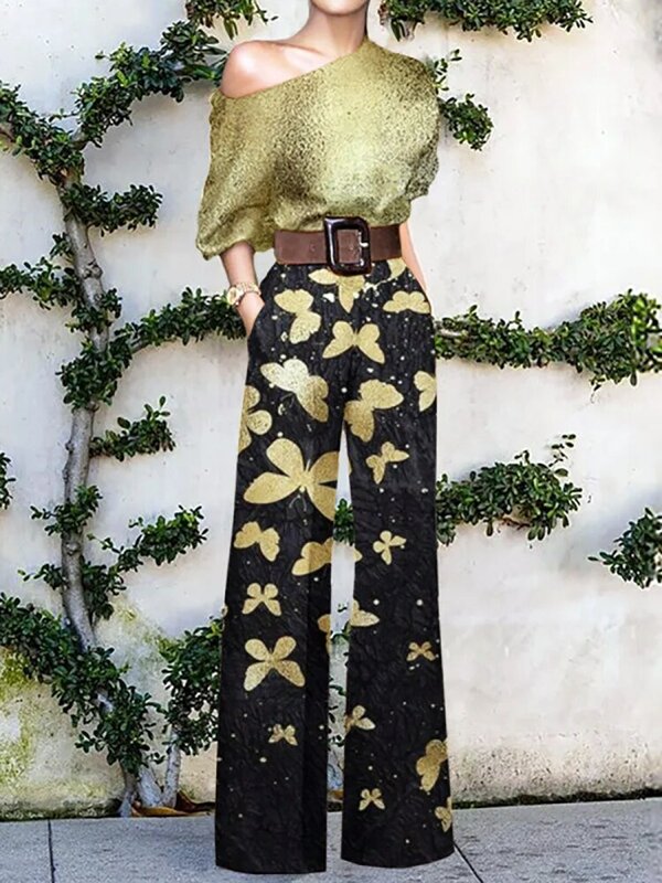 Kobiety eleganckie biuro Lady luźna szeroka spodnie nogi body ukośny kołnierz druk kwiatowy słodkie panie kombinezony moda Streetwear
