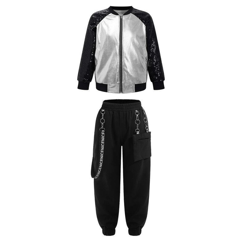 Dzieci Jazz Hip Hop Dancewear metaliczny kurtka z długim rękawem z cekinami + spodnie dresowe strój dla taniec uliczny kostium sceniczny