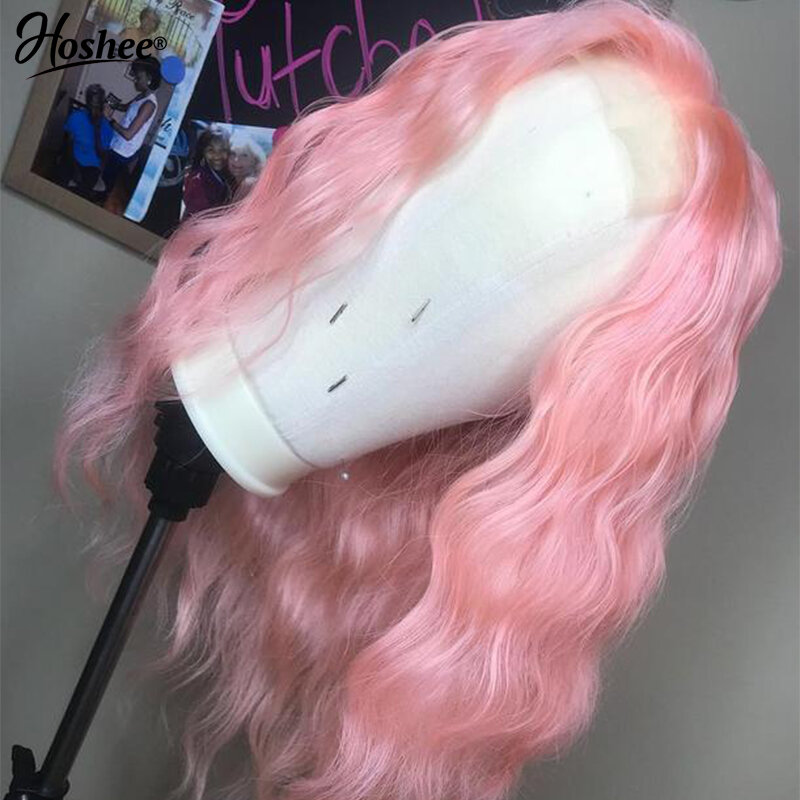 Curto Body Wave Lace Frontal Wigs para mulheres negras, cabelo humano, frente de renda, rosa claro, 13x4