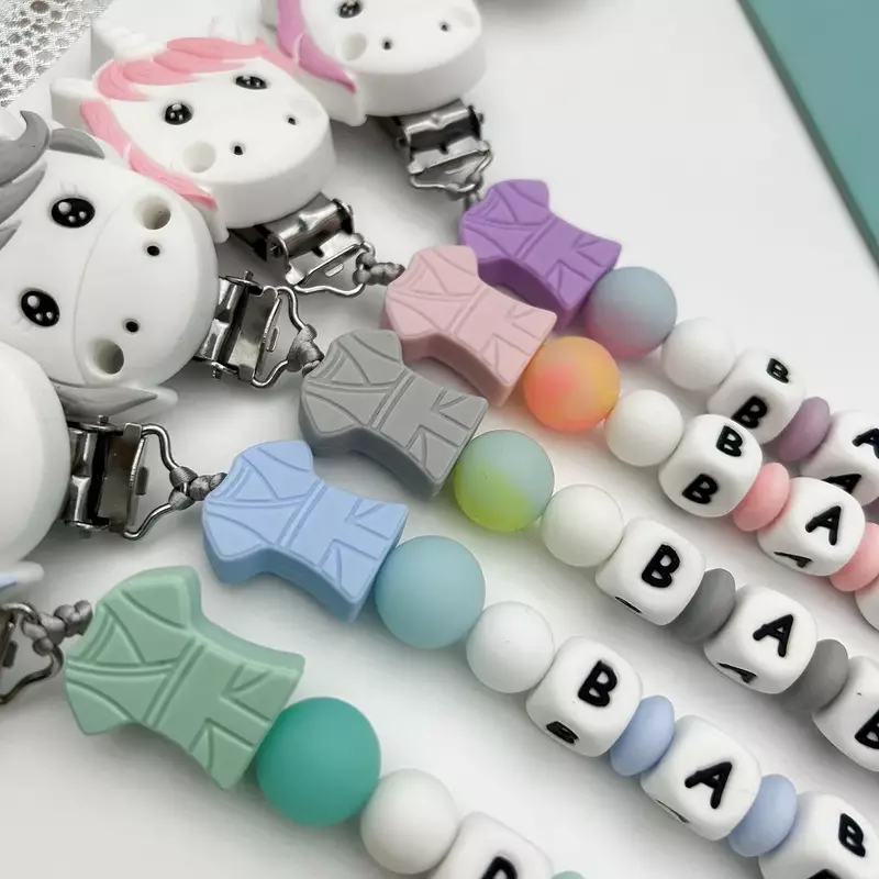 Personalized Letter Name Baby Unicorn Silicone Luminous Beads Pendant Pacifier Clips Holder Chains Baby Teether Kawaii Toy Gifts