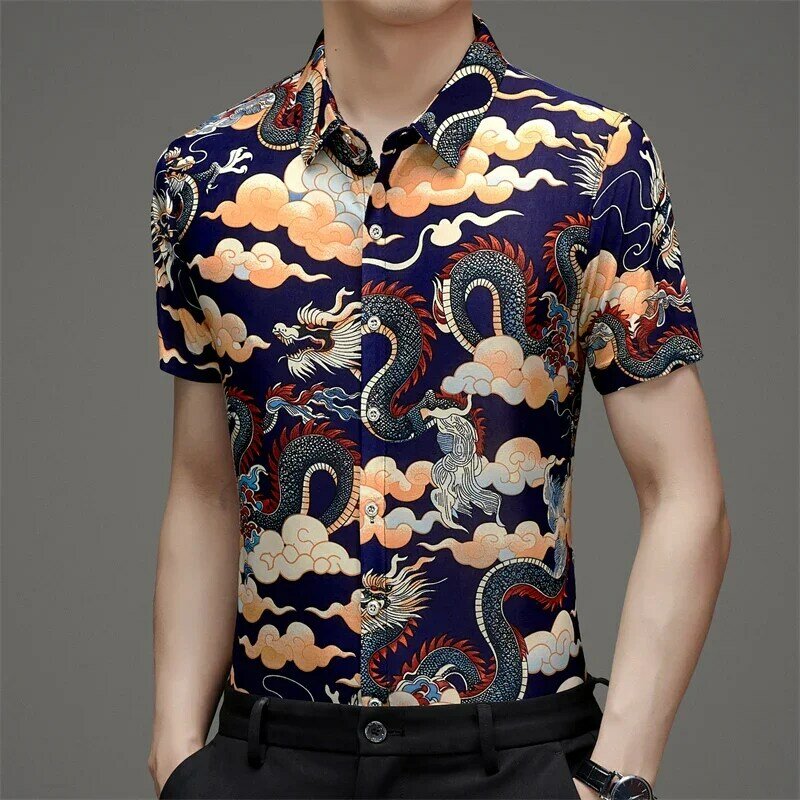 남성용 여름 아이스 실크 반팔 드래곤 프린트 셔츠, 중국 스타일 트렌드, 느슨하고 다용도