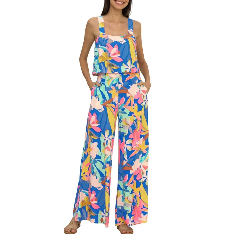 Women'S Tank Jumpsuits Summer New Fashion Casual Flower Cartoon Printed Wide Leg Jumpsuits Daily Leisure Vacation Loose Rompers