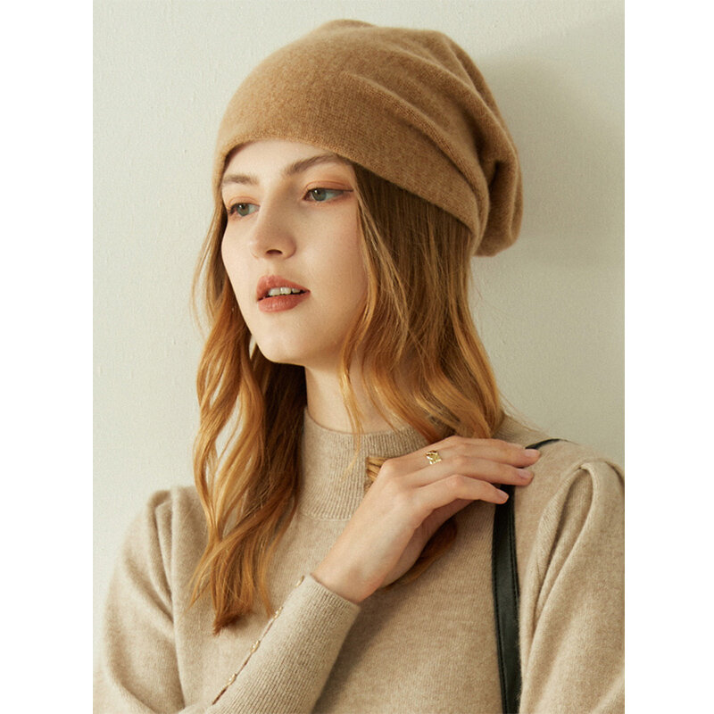 Hat Women's Adjustable Solid Color 100% Pure Cashmere Simple Knitting Autumn and Winter New Thickened Warm Back Wool Accessories