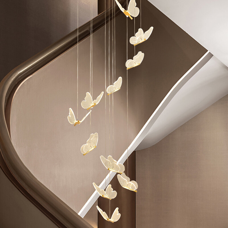 Candelabro Led de mariposa para escalera, iluminación Interior, lámpara nórdica de lujo para cocina, dormitorio moderno, arte dorado, sala de estar