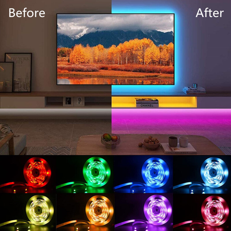실내 컬러 RGB 테이프 LED 스트립 조명, 5050 TV 백라이트, 크리스마스 할로윈 파티 바 얼음 조명, 5m, 10m, 15m, 20m