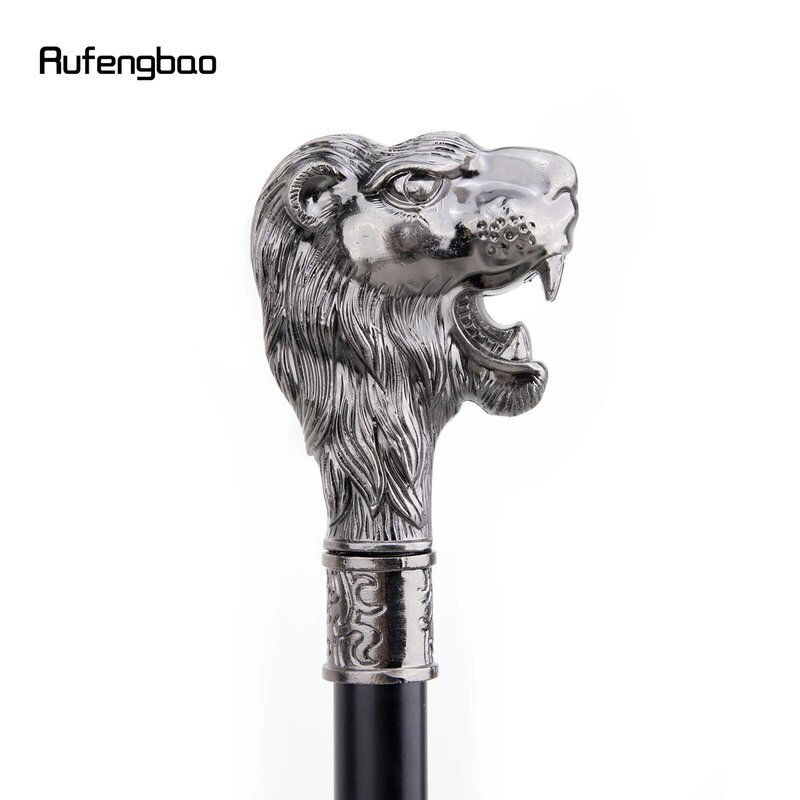 Sliver Lion Head with Mustache Walking Cane Fashion Decorative Walking Stick Gentleman Elegant Cosplay Cane Knob Crosier 93cm