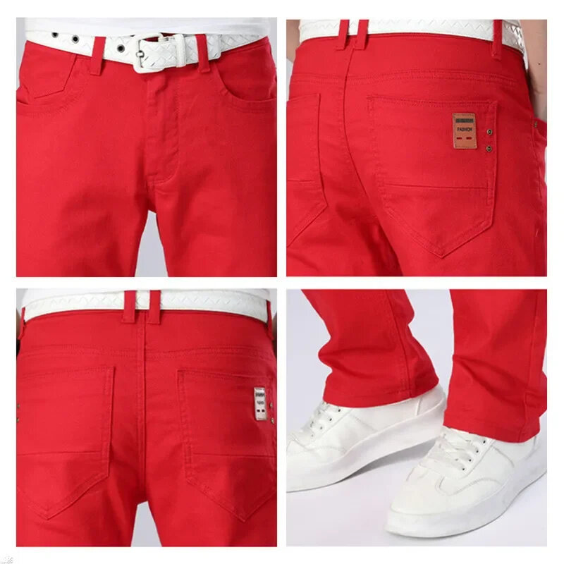 Witte Jeans Heren Plus Maat 36 38 40 Losse Oversized Rode Broek Gestrekte Denim Heren Casual Slim Fit Straight Elastische Man Broek