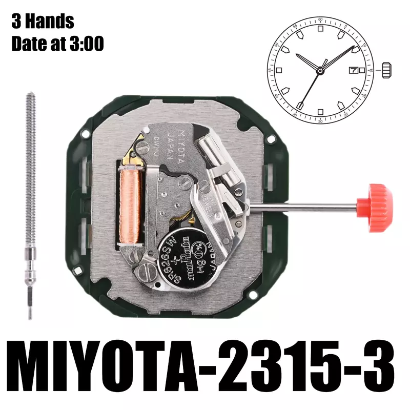 Механизм Miyota 2315, размер механизма 11 2315 дюйма, высота 1/2 мм, точность ± 20 сек в месяц, 3 стрелки, дата 3:00, 4,15