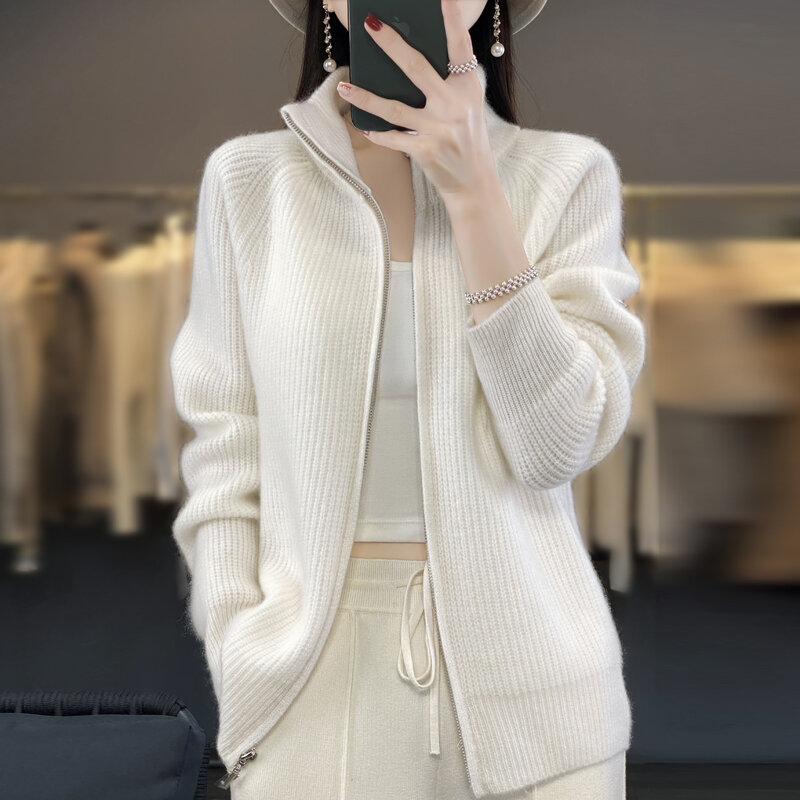 100% Pure Wool Zipper Cardigan Padded Shoulder Stand Collar Women's Cashmere Knitted Coat New Lapel Sweater