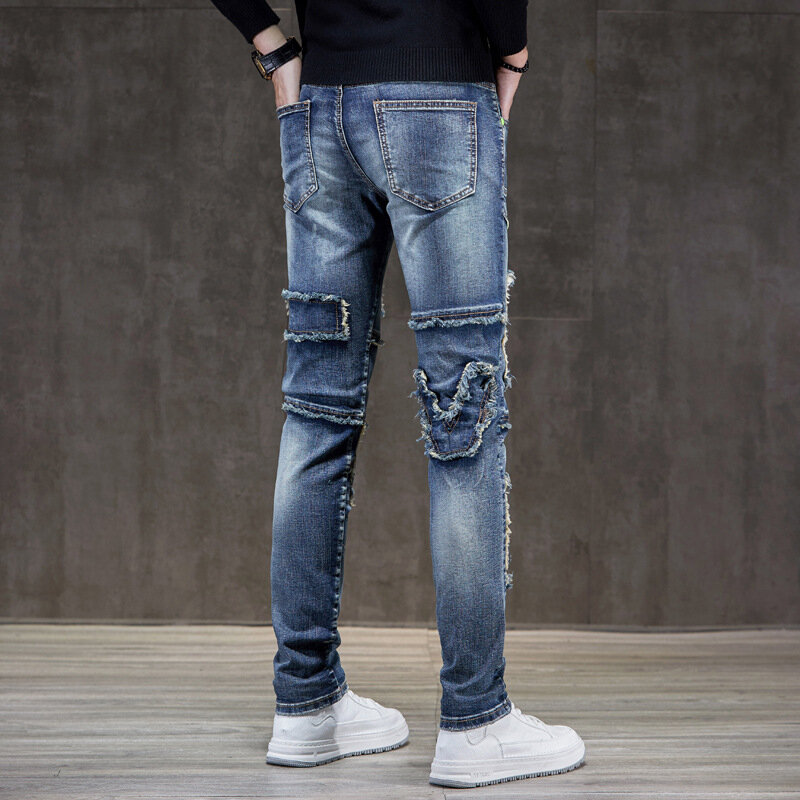 2024New American High Street Jeans da uomo stile locomotiva personalità della moda Slim Fit pantaloni con cuciture Patchwork