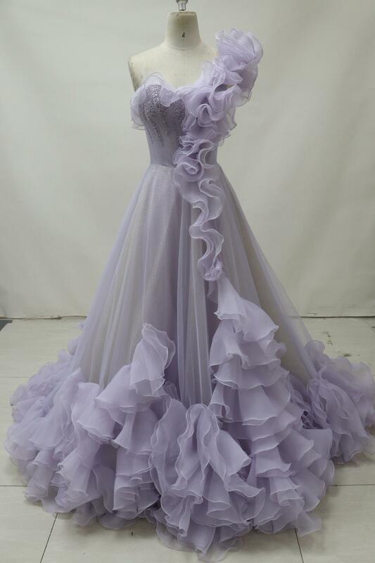 Nowa linia suknie wieczorowe fioletowe przedsionki bez ramiączek bez rękawów ręcznie 3D kwiaty warstwowe tiulowe długie suknie na imprezę z falbanami