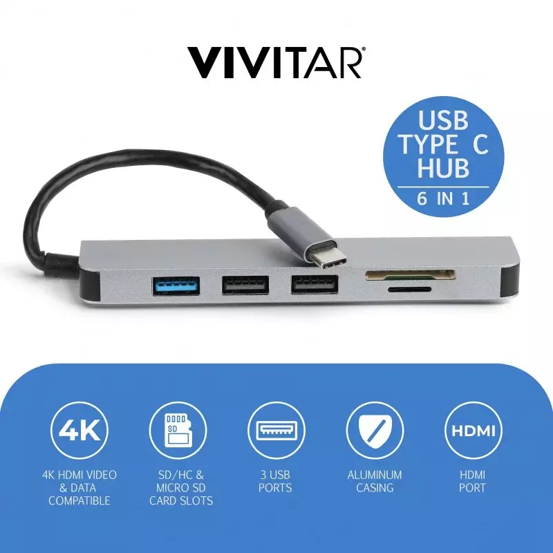 Wieloportowy koncentrator USB Vivitar z SD, Micro SD i kompaktowym czytnikiem kart flash