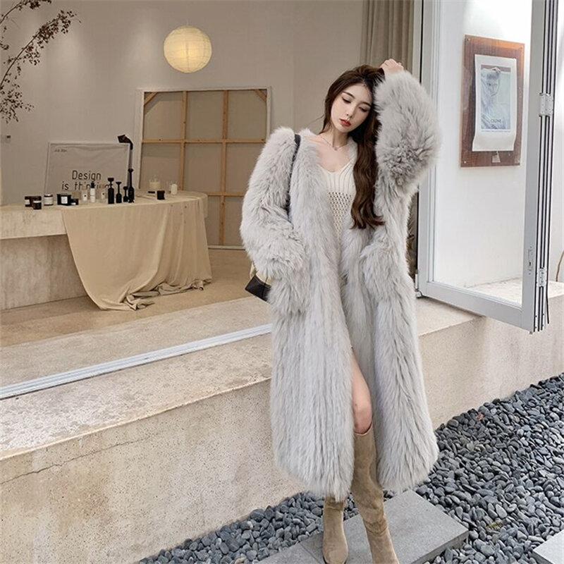 Abrigo largo de piel sintética para mujer, chaquetas largas de piel de zorro, versión coreana, Invierno