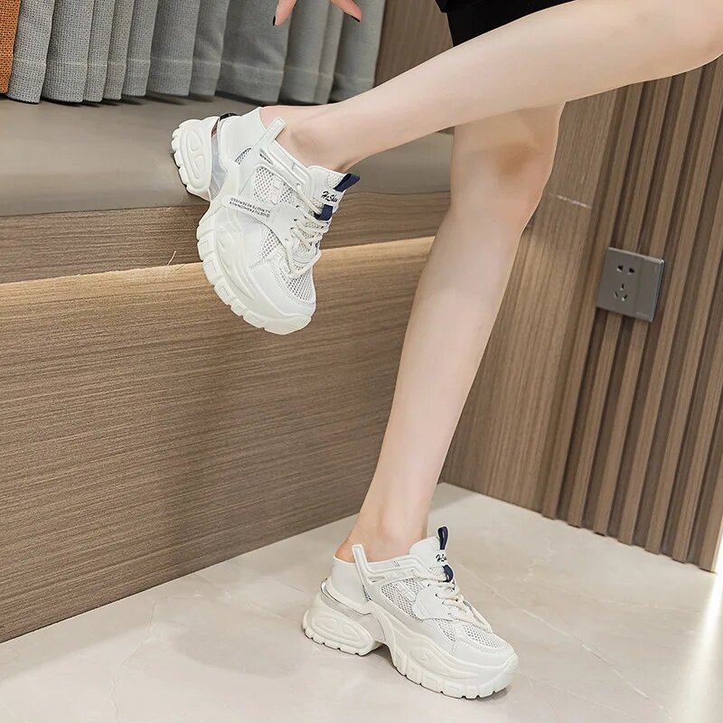 10.5cm Air Mesh Genuine Leather Women Chunky Fashion Sneakers Platform Wedge Breathable Slippers Comfy Hollow Summer Shoes