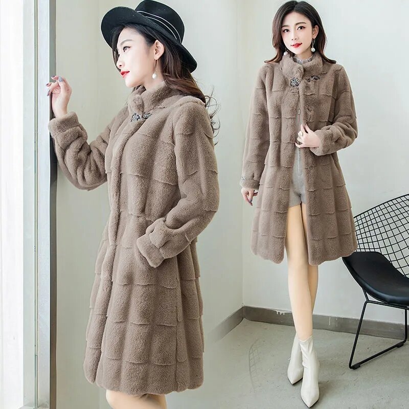Jaket bulu imitasi untuk wanita, mantel bulu imitasi panjang sedang ukuran besar longgar lembut nyaman musim gugur 5XL 2023