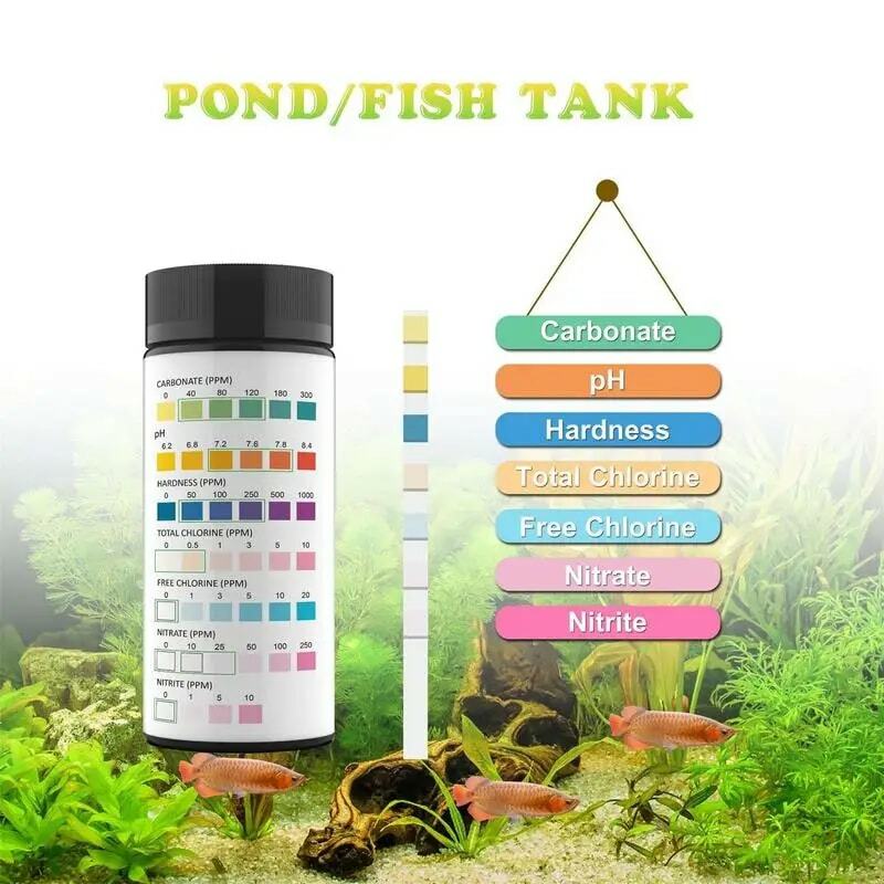Aquarium Water Test Kit, tanque de peixes, lagoa tiras, testes, alcalinidade do PH, cloro, carbonato, dureza, 7 em 1
