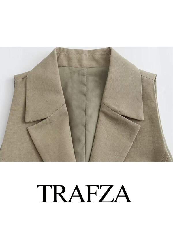 TRAFZA Summer Top Woman 2024 Trendy Solid Turn-Down Collar Sleeveless Lace-Up Single Breasted Female Streetwear Style Waistcoats