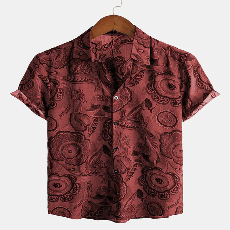 Mens Hawaiian Kemeja Lengan Pendek สไตล์ย้อนยุคพิมพ์ Casual Lapel ปุ่ม Vintage Tops เสื้อขนาดใหญ่ Camisa Masculina