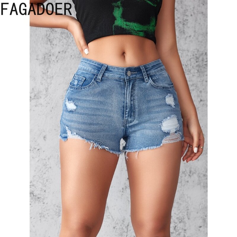 Fagadoer celana pendek DENIM มีรูเอวสูงแบบมีกระเป๋า, กางเกงยีนส์แฟชั่นผู้หญิงสีทึบจับคู่กางเกง