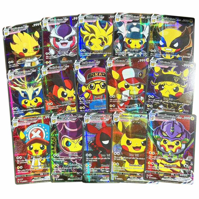 Anime Holographic Pokemon Cards Pikachu Cosplay DIY Luffy Tanjirou One Piece Goku Eva Frieza Characters English Shiny Card