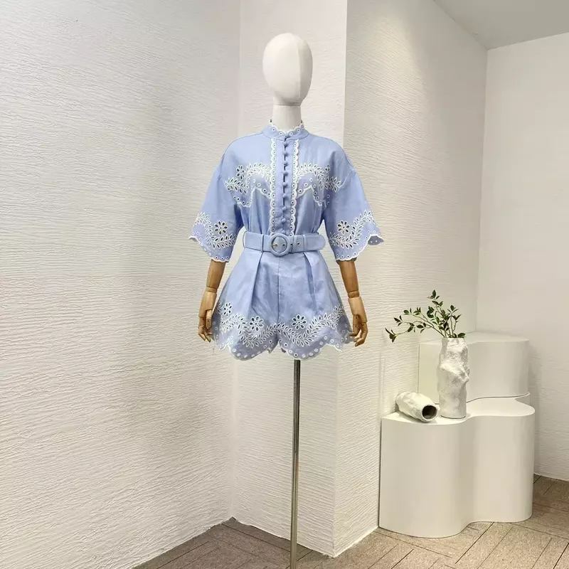 High Quality 2023 New Arrivial Hollow Out Linen Cotton Blue Half Sleeve Blouse and Shorts Set Women Holiday Beach Style