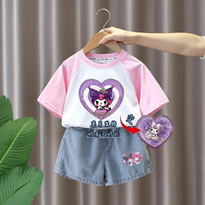 My Melody-ropa de Anime Sanrio Kawaii para niñas, Tops informales de manga corta con lentejuelas que cambian de Color, con corazón de amor, 2024