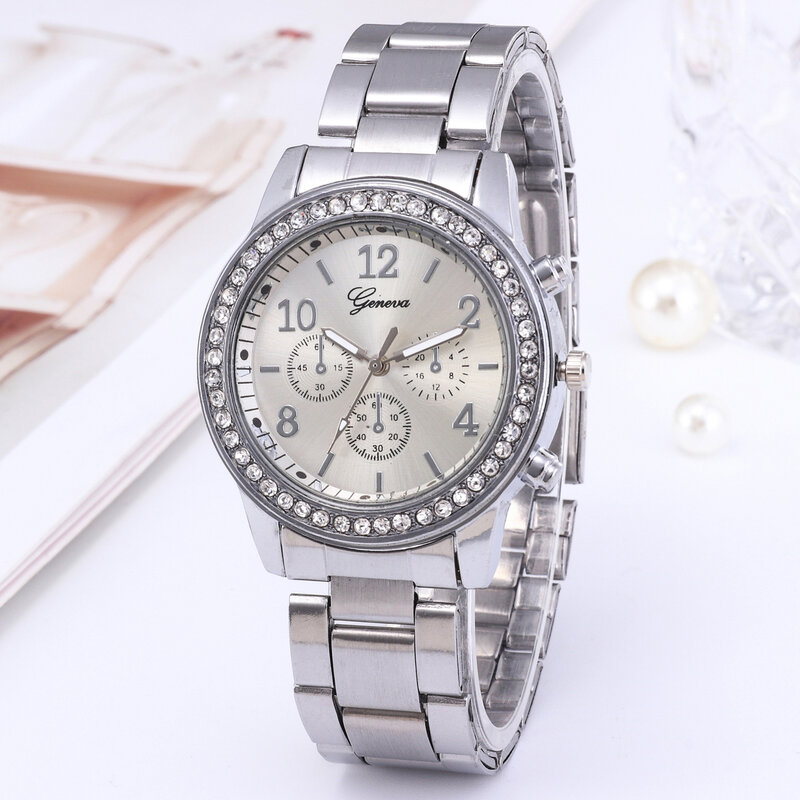 Luxus Quarzuhr Frauen Business Mode lässig runde Strass Silber Edelstahl Armband Armbanduhr Relogio Feminino