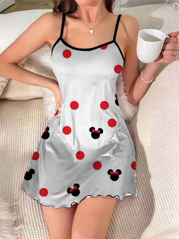 Vestido Sexy de moda para verano 2024, falda de pijama con adornos de Mickey y lechuga, superficie de satén, Minnie Mouse, elegante y elegante de Disney